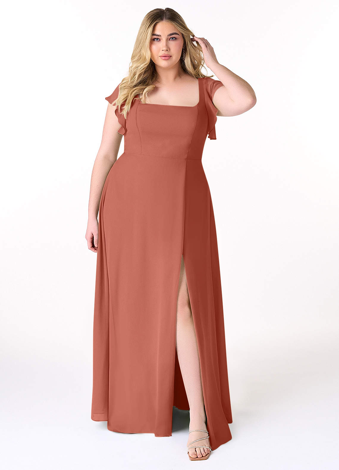 Azazie Bondi Brautjungfernkleider A-Linie Gekräuselt Chiffon Kleid Lehm image1