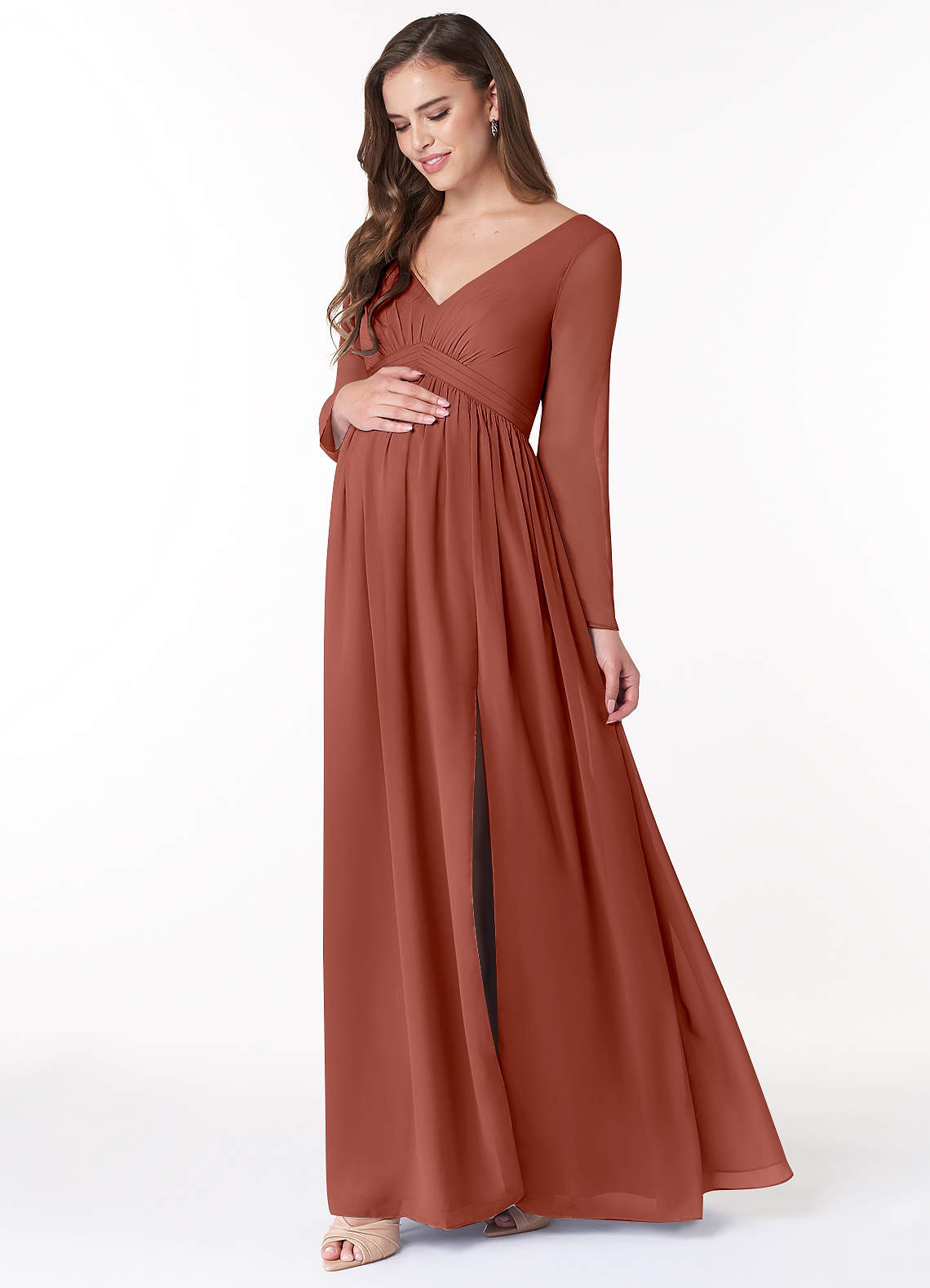 Azazie Teton At-home Try On Dresses A-Line Long Sleeve Chiffon Floor-Length Dress image2