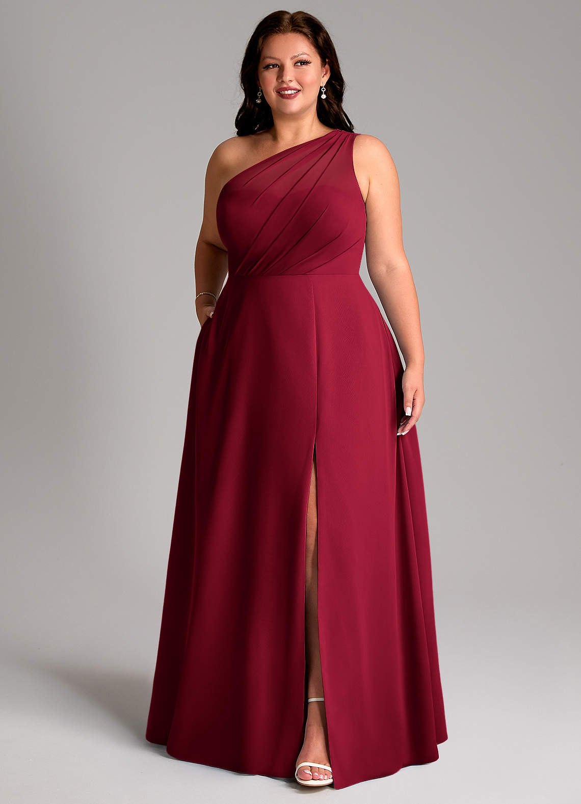 Azazie Phaedra Vestidos de madrinha de casamento Vestido Borgonha de Chiffon de Linha A com Um ombro image11