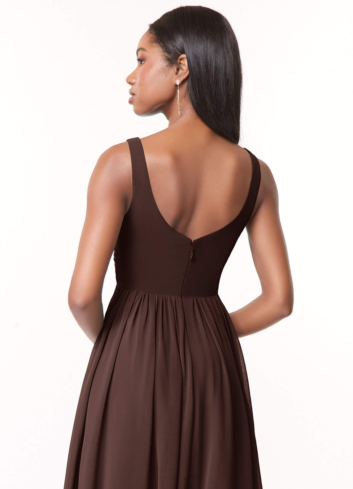 Azazie Keyla At-home Try On Dresses Agave A-Line V-Neck Pleated Chiffon Dress image2