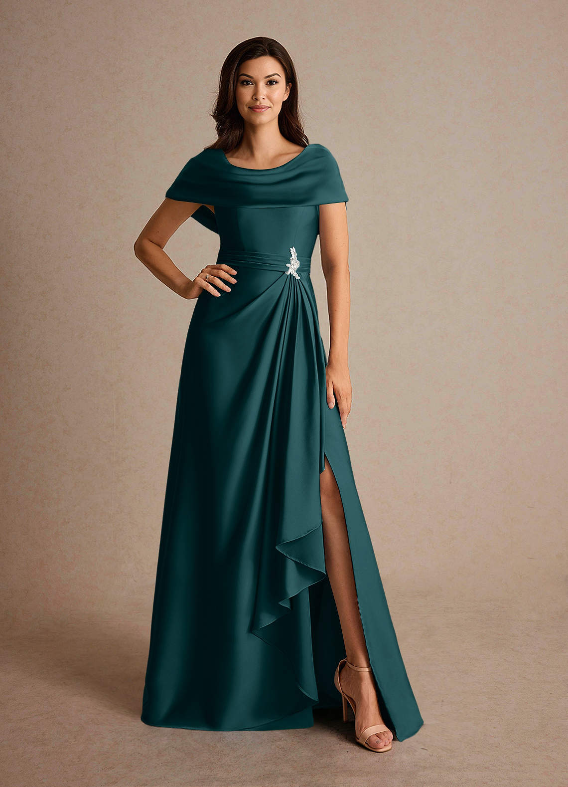 Azazie Branford Mother of the Bride Dresses Pine A-Line Pleated Stretch Satin Dress image4