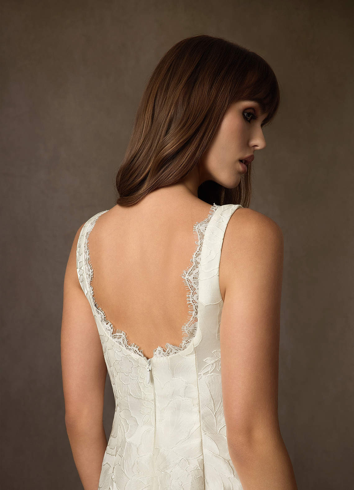 Azazie Janet At-home Try On Dresses Antique White A-Line Square Neckline Floral Jacquard Dress image6