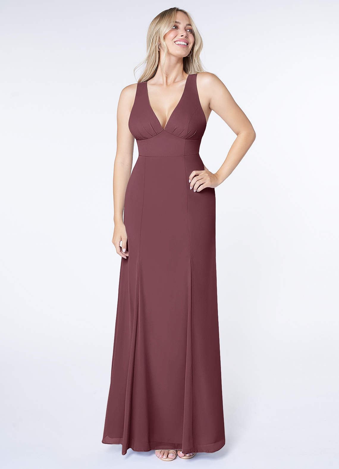Azazie Christiana Bridesmaid Dresses Sangria A-Line V-Neck Pleated Chiffon Dress image1
