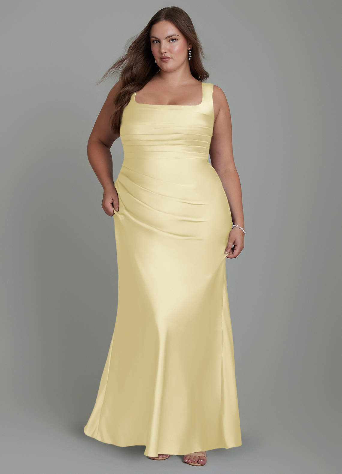 Azazie Agustina At-home Try On Dresses Lemon Sorbet Mermaid Corset Stretch Satin Dress image8