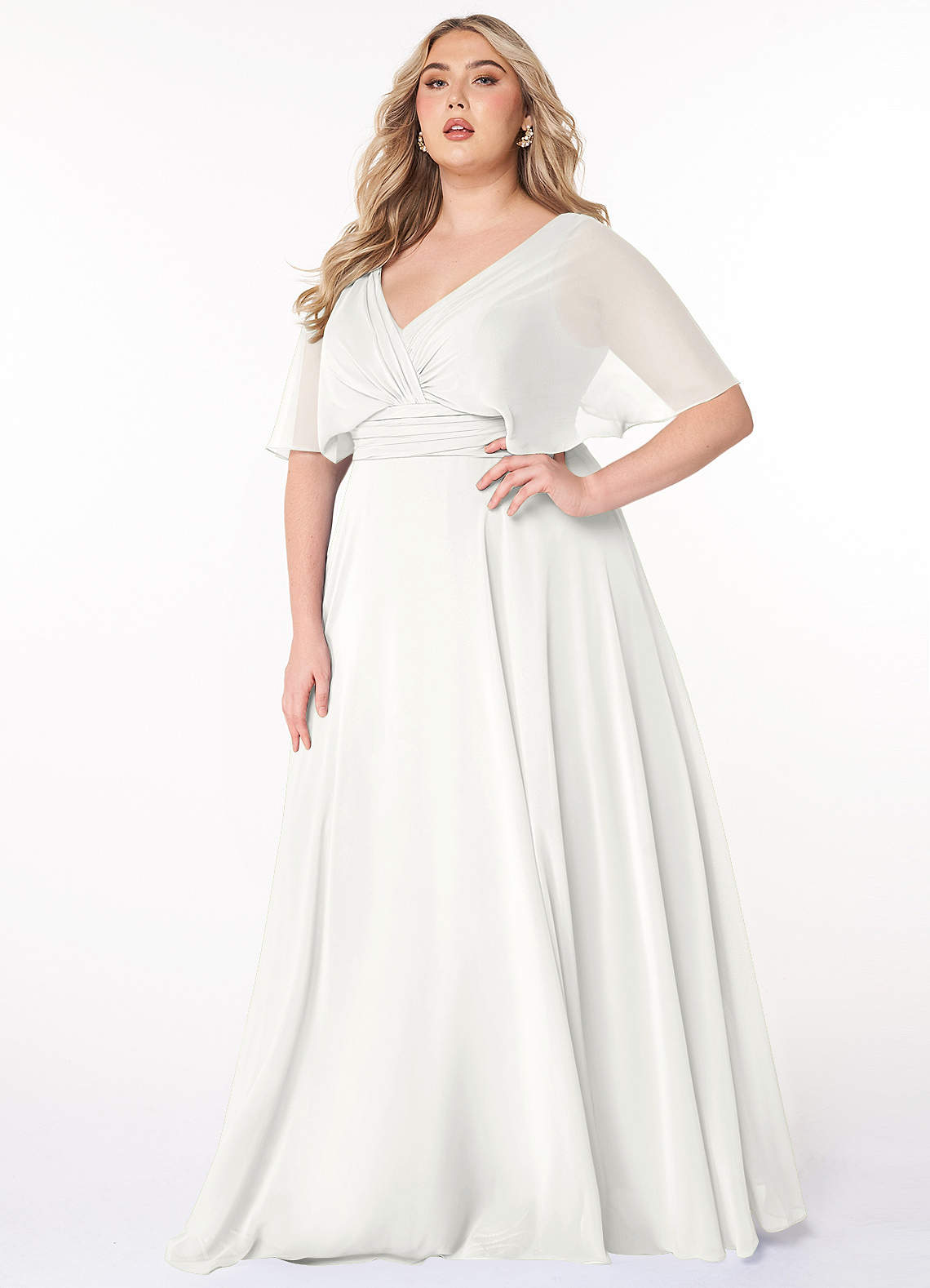 Azazie Pamela Robes de demoiselle d'honneur Robe Trapèze en Mousseline de soie Col V plissé Blanc image1