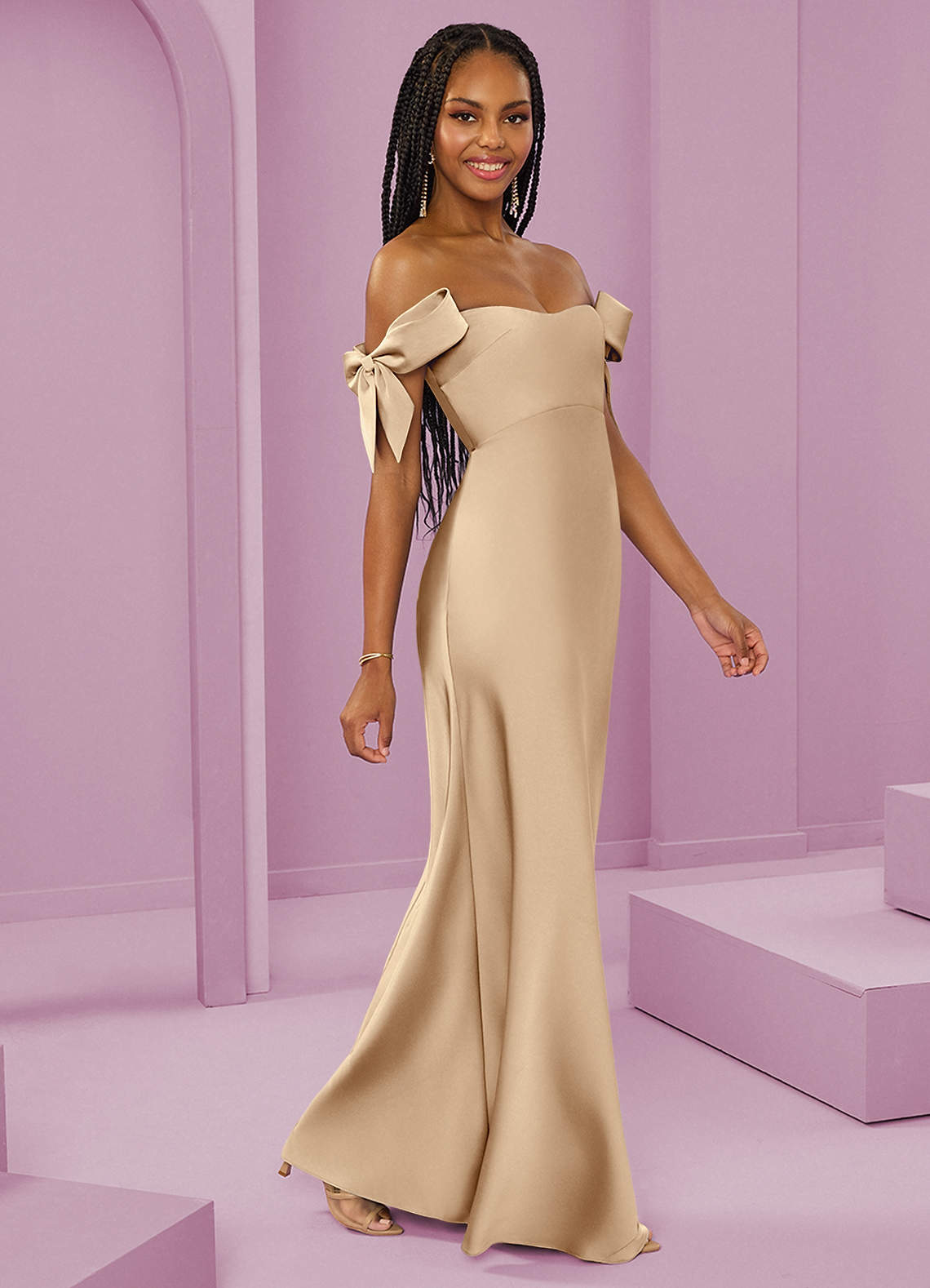 Barbie ♥ Azazie Vestidos de damas de honor Vestido de Champán de Satén Elástico de Corte Recto Convertible con Vestidos sin tirantes image1