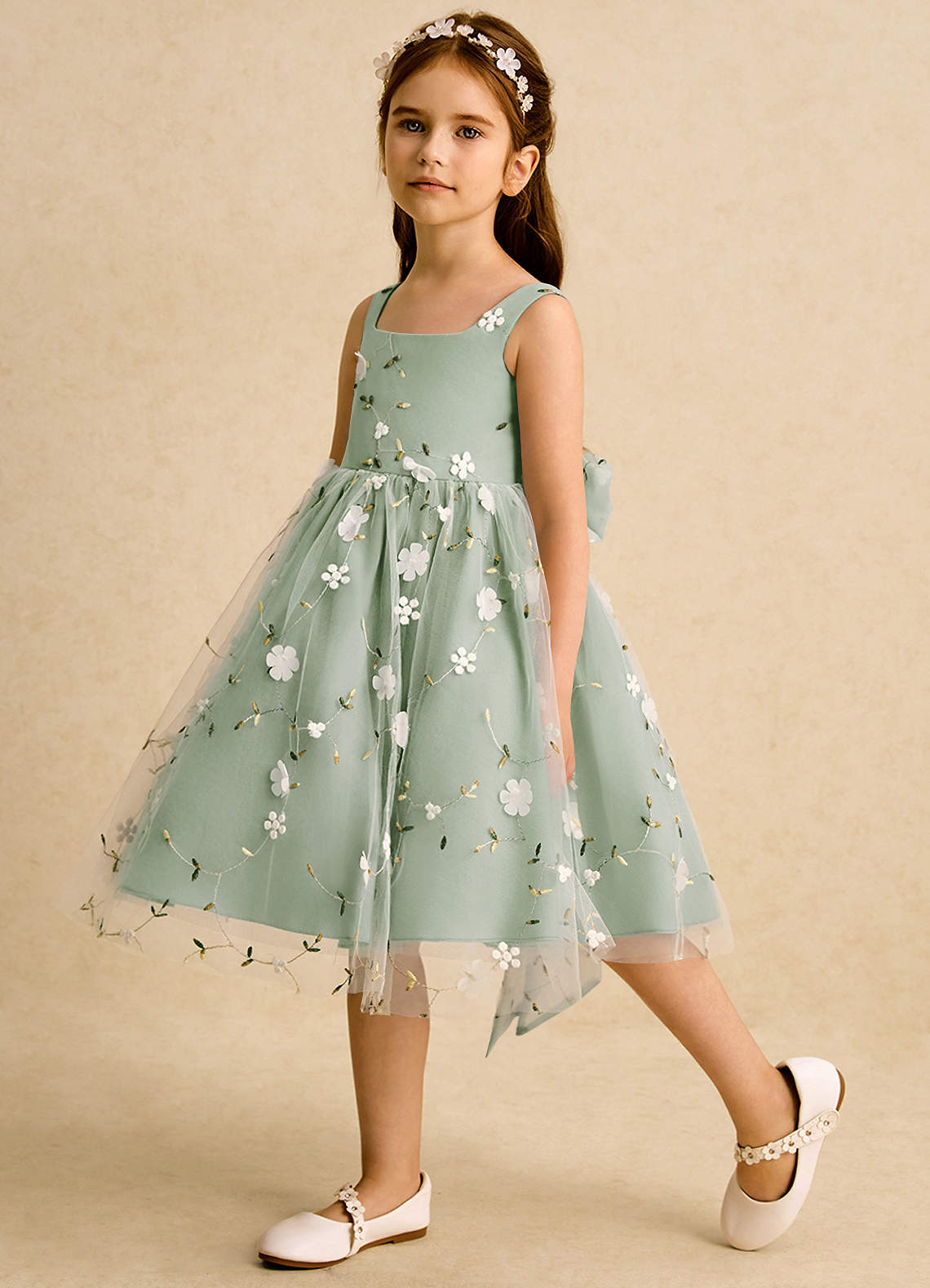 Azazie Bean Flower Girl Dresses Dusty Sage Ball-Gown Sleeveless Tulle Dress image4