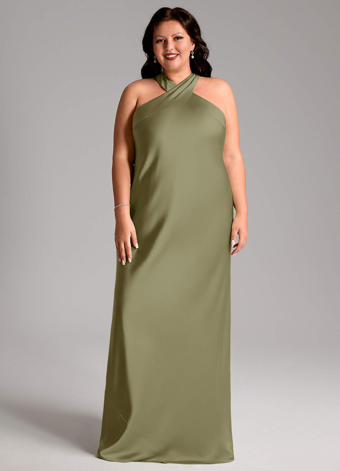 Azazie Doretta Vestidos de damas de honor Vestido de Pistacho de Satén Elástico de Corte Sirena con Plisado image1