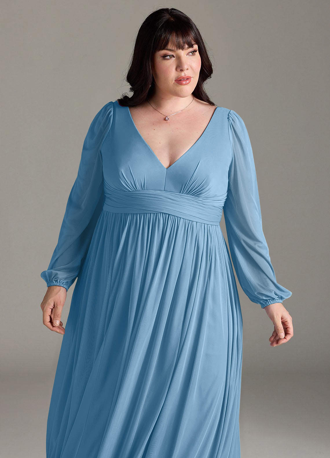 Azazie Norah Abiti da Damigella Abito A-Line in Chiffon con Maniche lunghe e Scollo a V Blu Acciaio image11