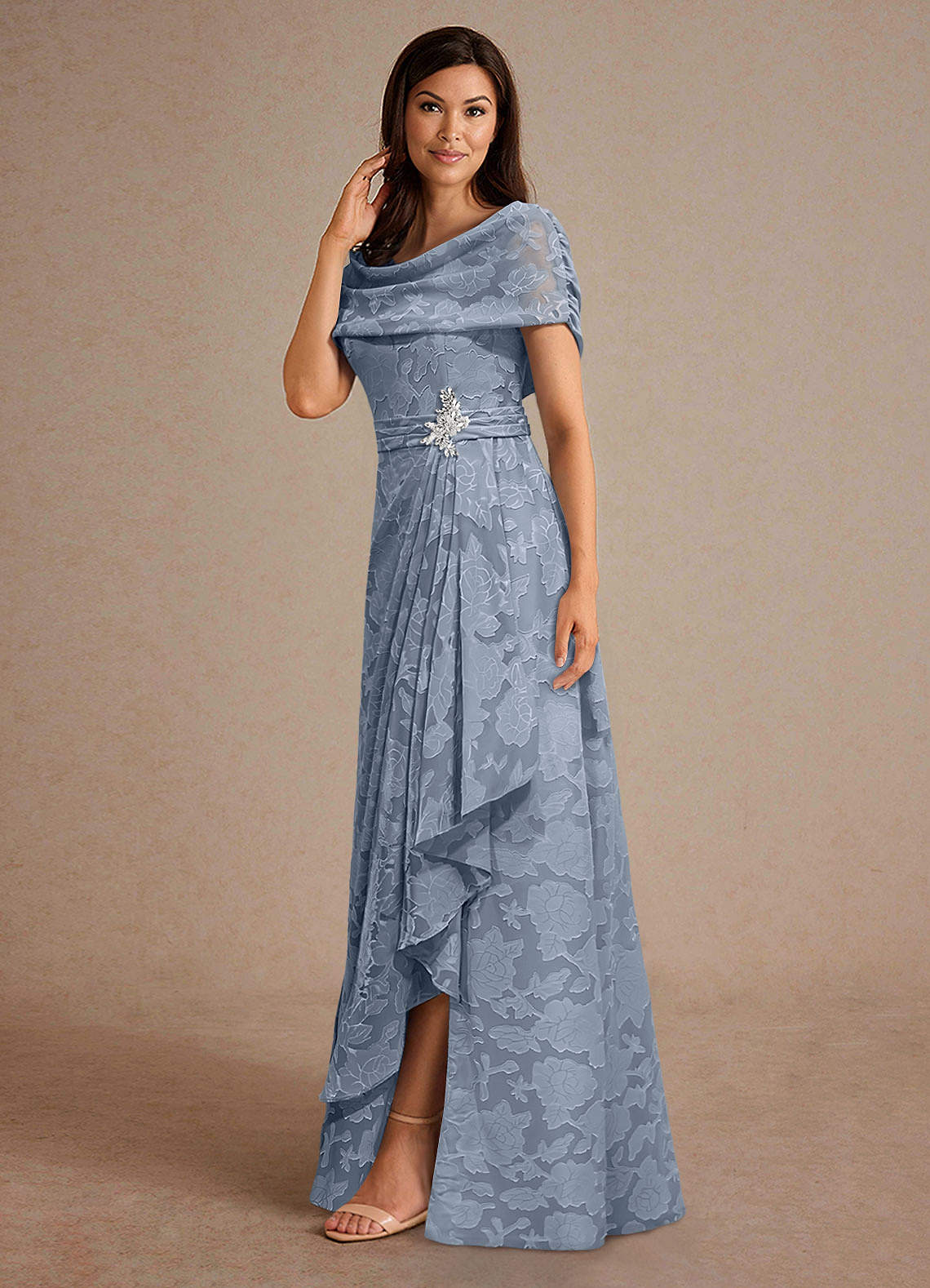 Azazie Branford Mother of the Bride Dresses Dusty Blue A-Line Pleated Floral Burnout Dress image1