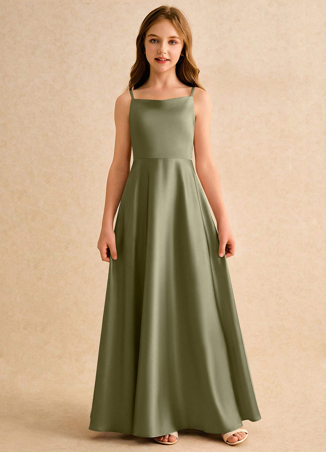 Azazie Joella Girls Formal vestidos de niña de las flores Vestido de Pistacho de Satén Elástico de Corte en A con Plisado image3