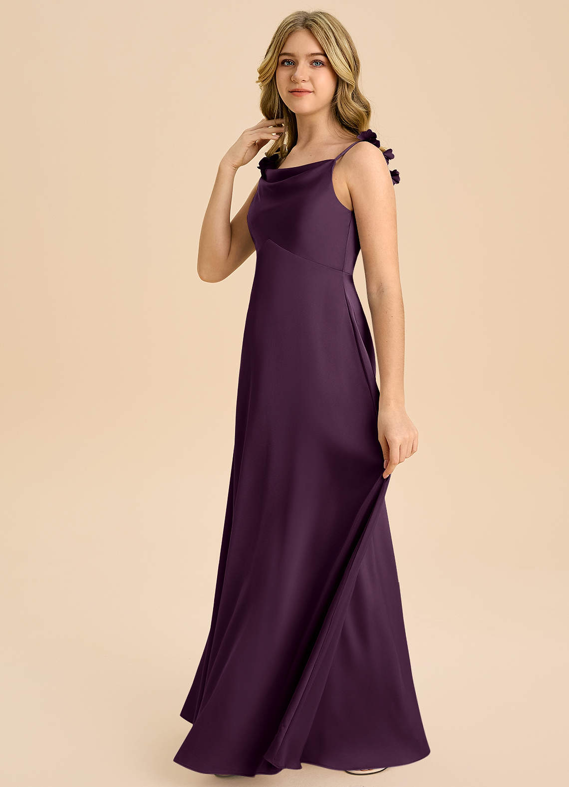 Azazie Gumdrop Junior Plum Empire Pleated Stretch Satin Dress image4