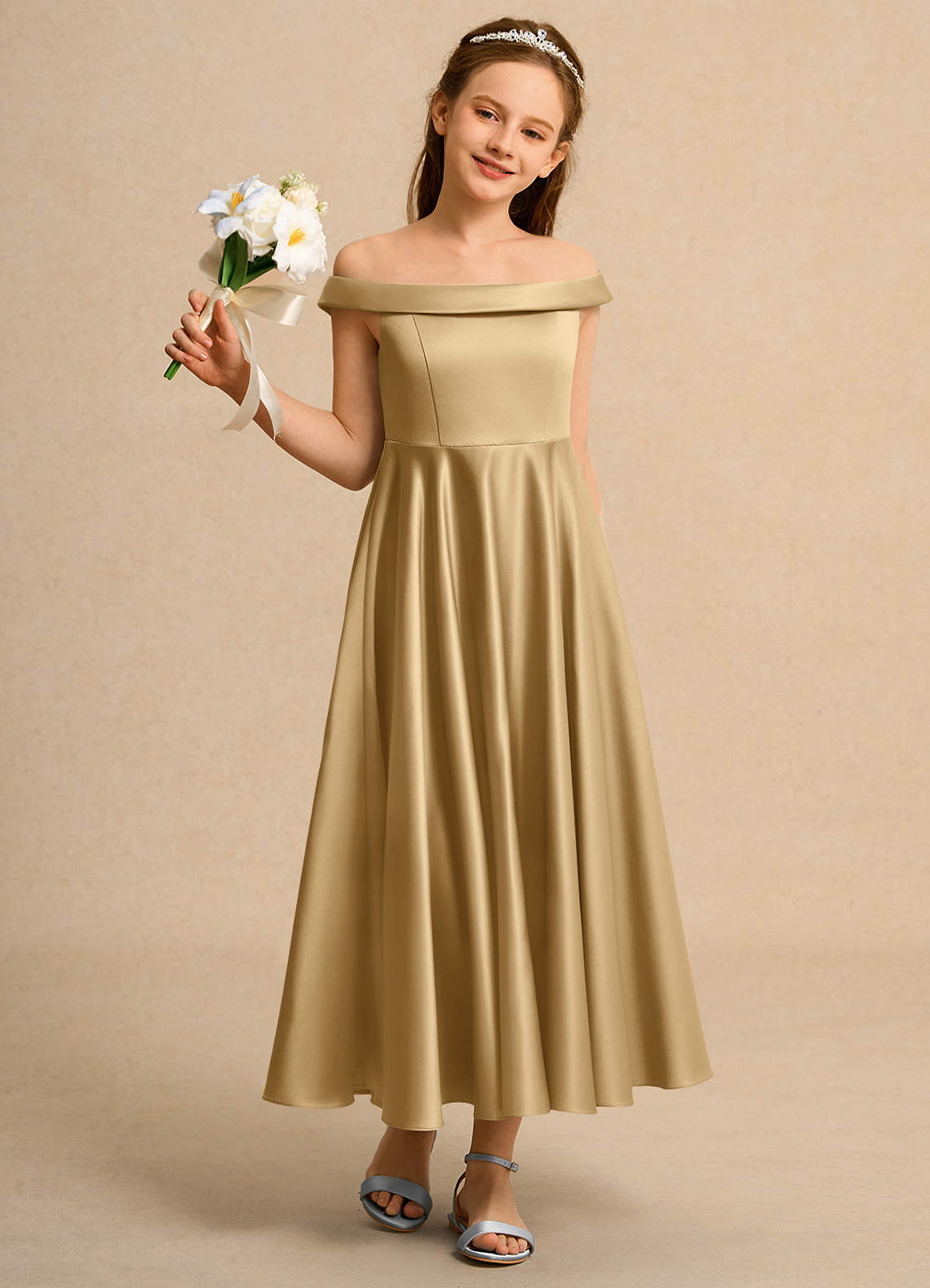 Azazie A-Line/Princess Straight Ankle-Length Matte Satin Flower Girl Dresses - Gold