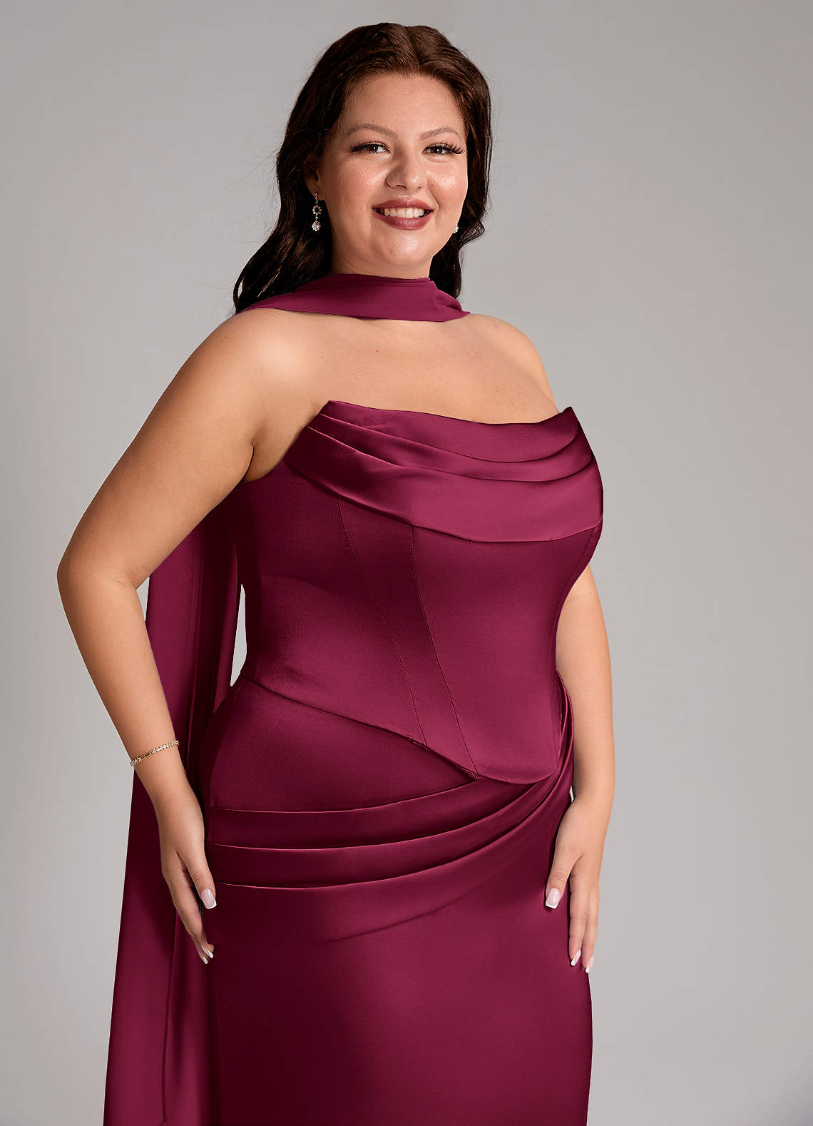 Azazie Sorrel Bridesmaid Dresses Burgundy Mermaid Strapless Stretch Satin Convertible Dress image9
