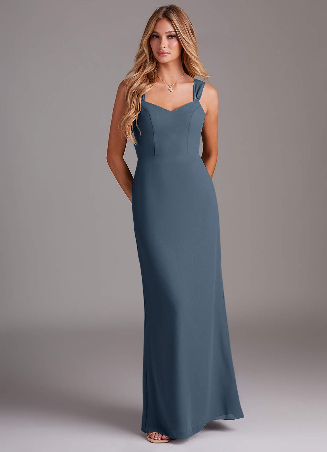 Azazie Denice Brautjungfernkleider Etui Gefaltet Chiffon Kleid Neptunblau image1