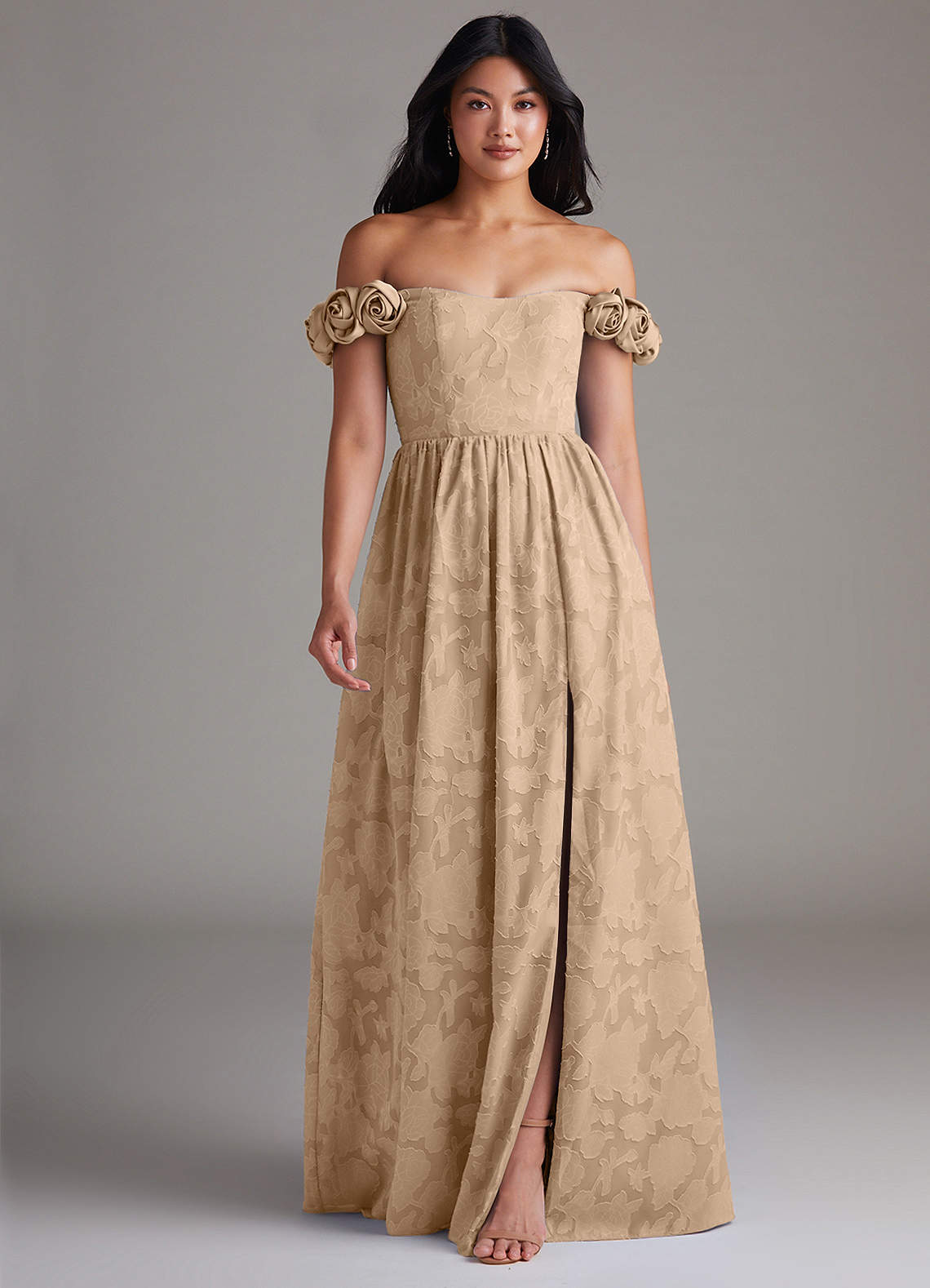 Azazie Autumn Bridesmaid Dresses Champagne A-Line Off the Shoulder Floral Burnout Convertible Dress image1