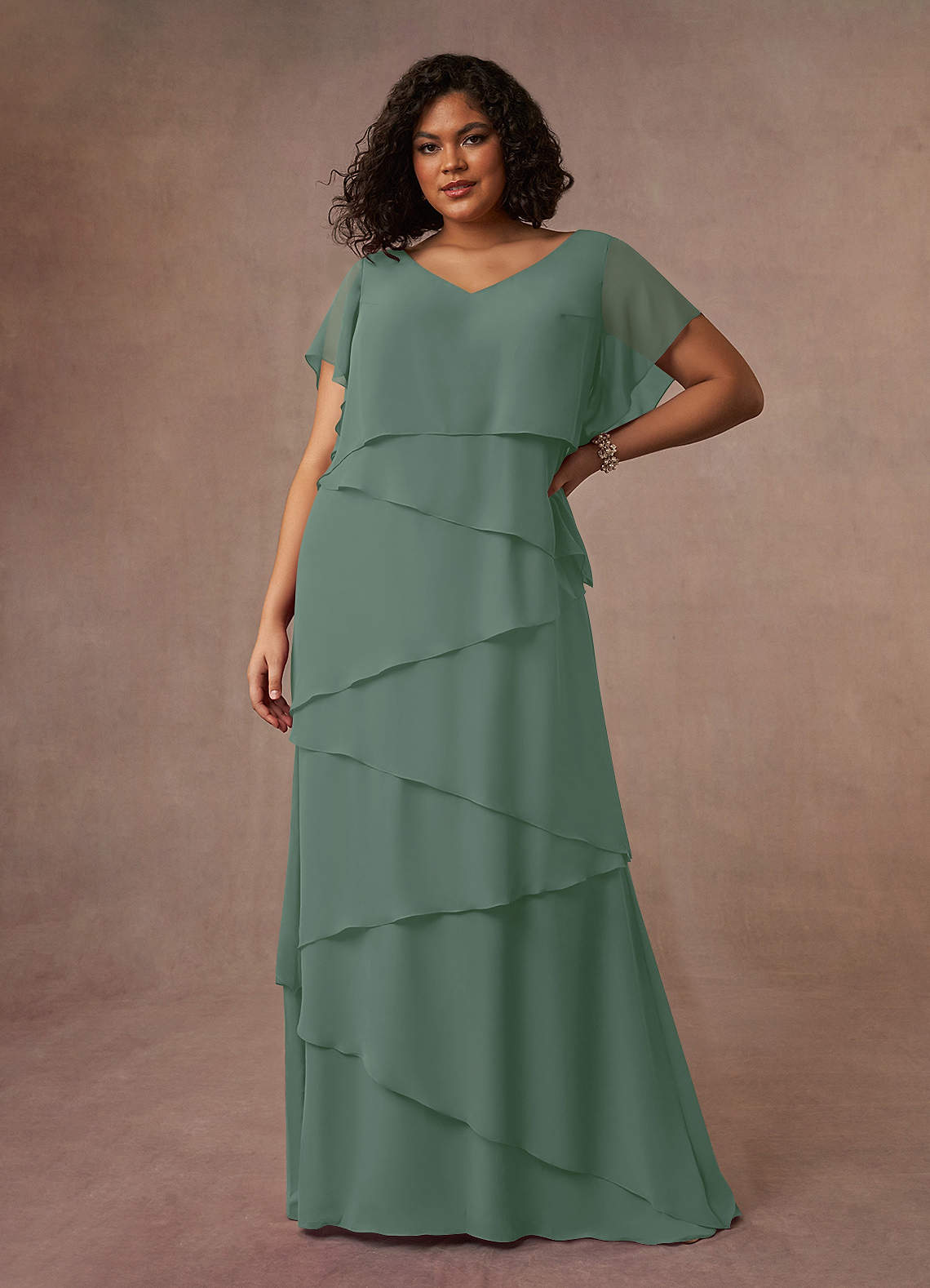 Azazie OHara Mère de la mariée Robes Robe Trapèze en Mousseline de soie Col V Eucalyptus image2