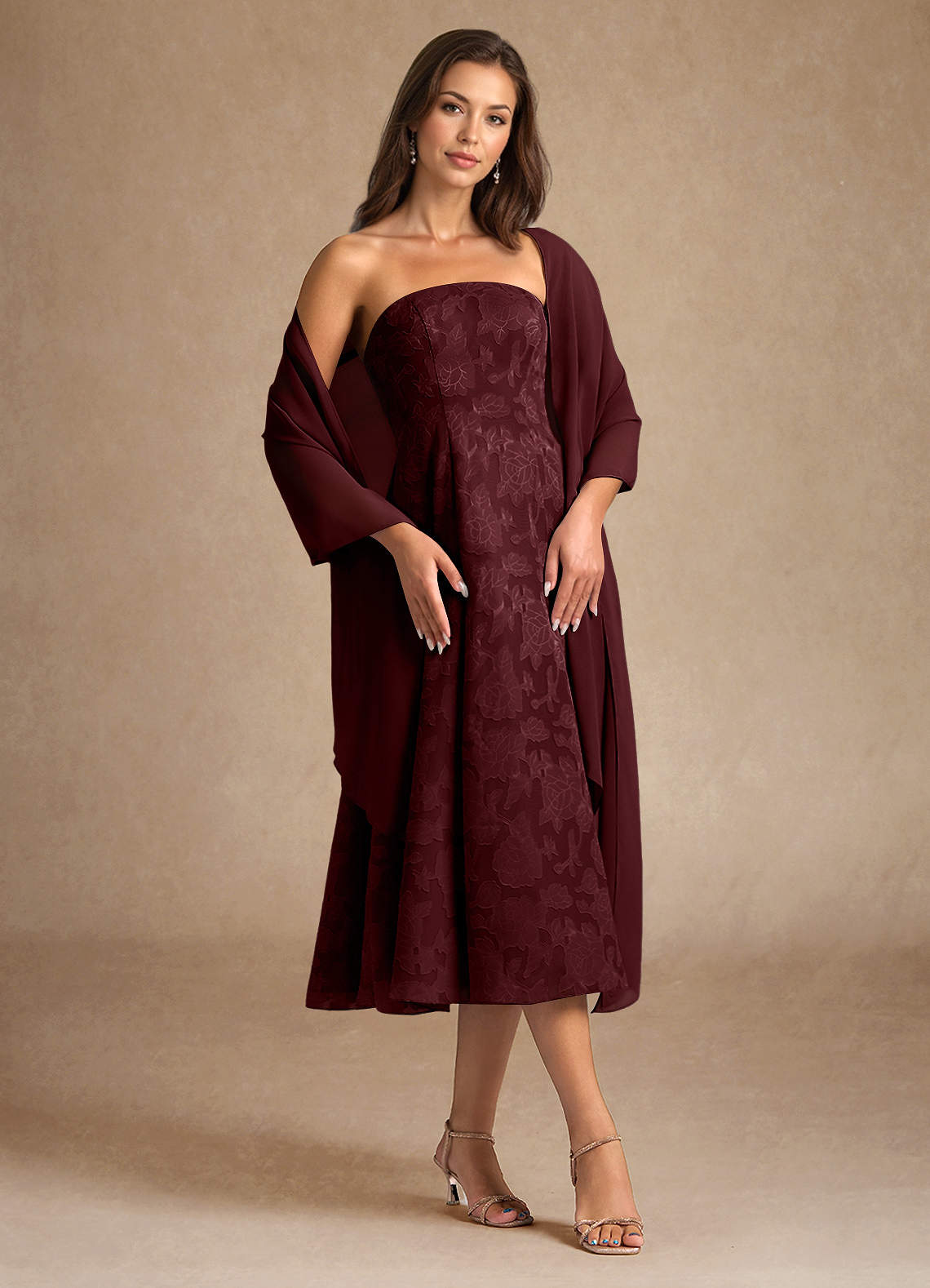 Azazie Lorain Mother of the Bride Dresses Cabernet A-Line Pleated Floral Burnout Dress image1