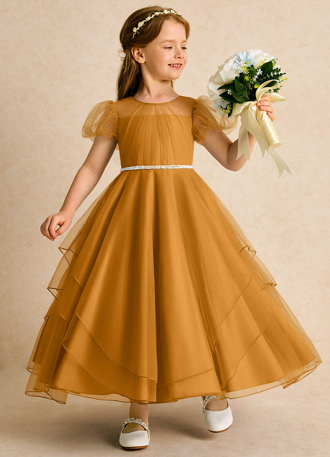 Azazie Duckie Robe Demoiselle D'honneur Fillette Robe Princesse en Tulle Plissée Caramel écossais image1