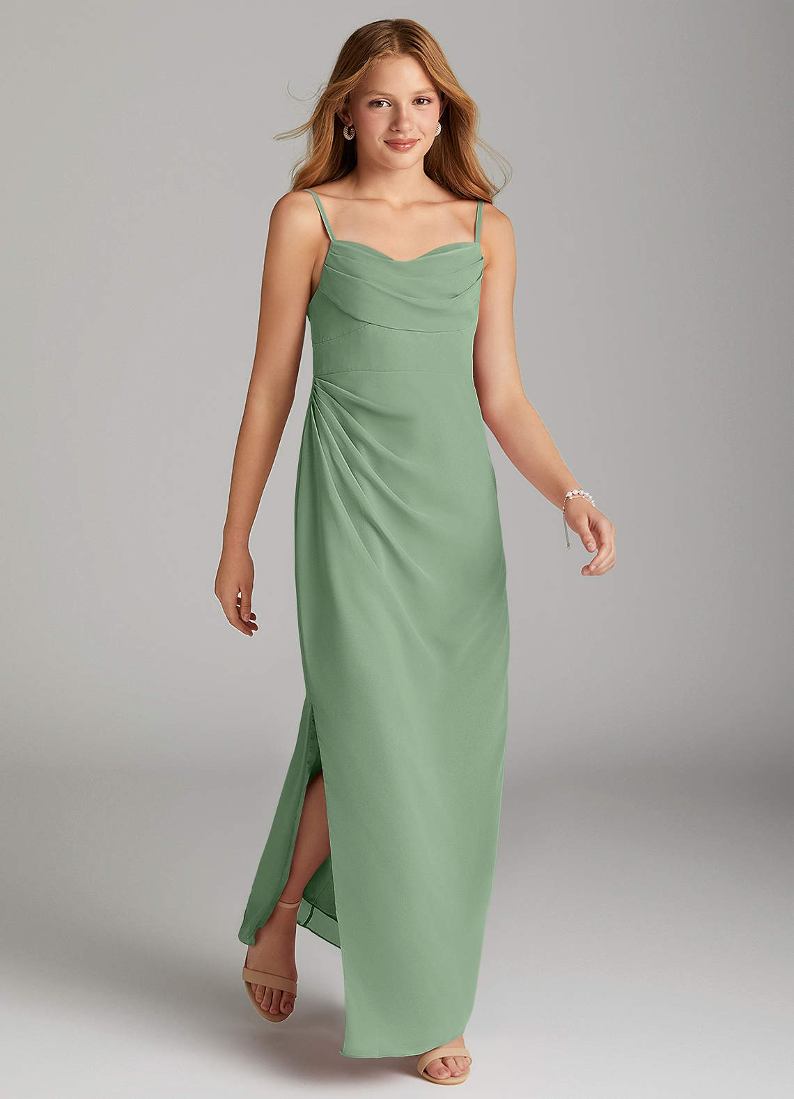 Azazie Mai Junior Matcha Sheath Pleated Chiffon Dress image3