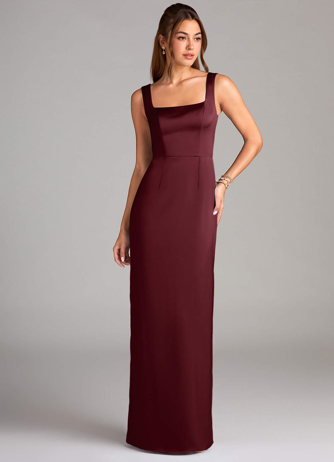 Azazie Flori Bridesmaid Dresses Cabernet Sheath Side Slit Stretch Satin Dress image1