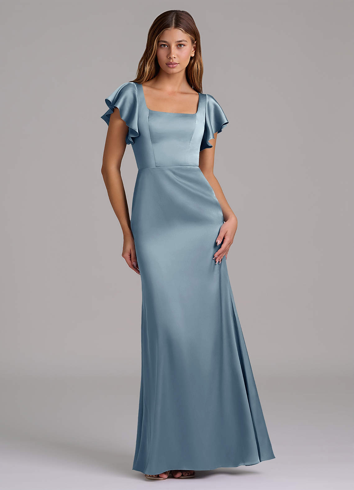 square neck satin bridesmaid dress Stacees Flutter Sleeve Teal