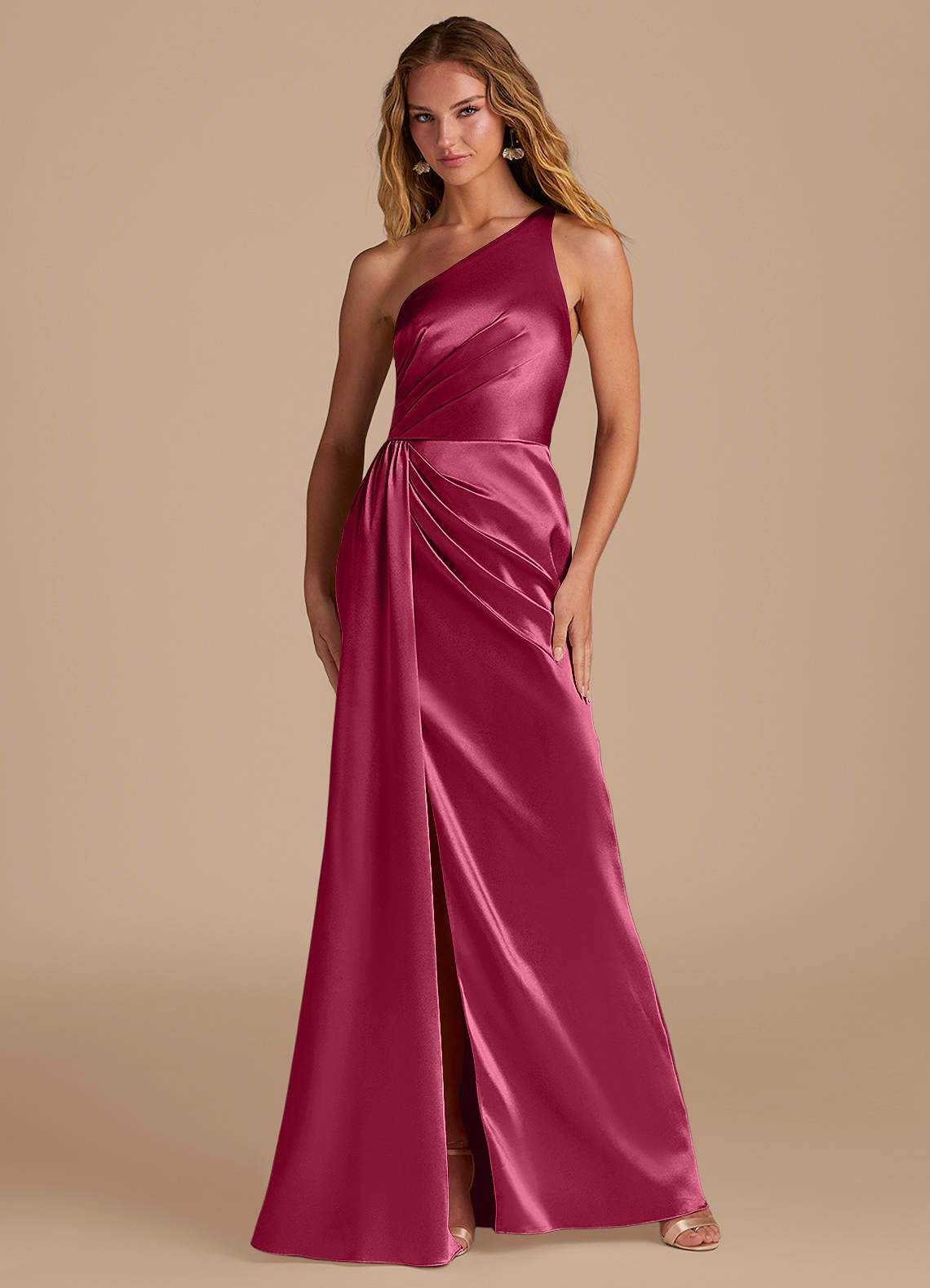 Azazie Mika Bridesmaid Dresses Burgundy Sheath One Shoulder Metallic Satin Dress image1