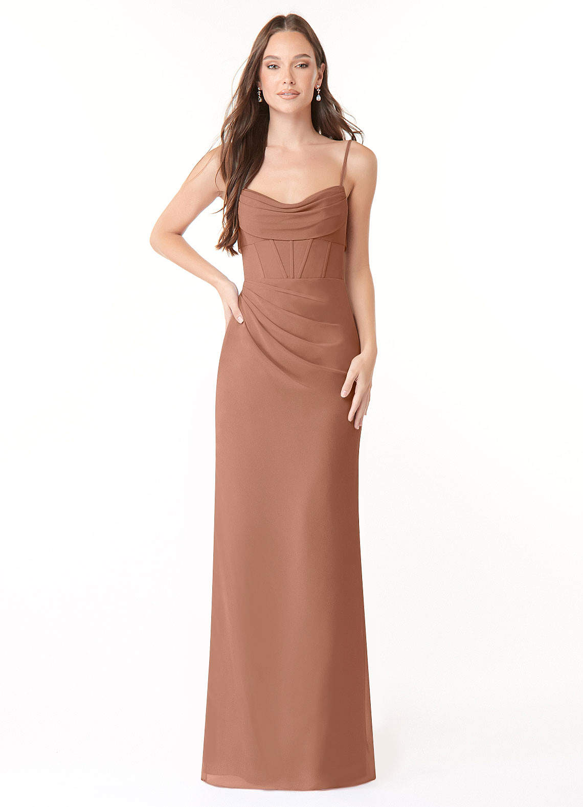 Azazie Mai Robes de demoiselle d'honneur Robe Fourreau en Mousseline de soie Plissée Bronze image1