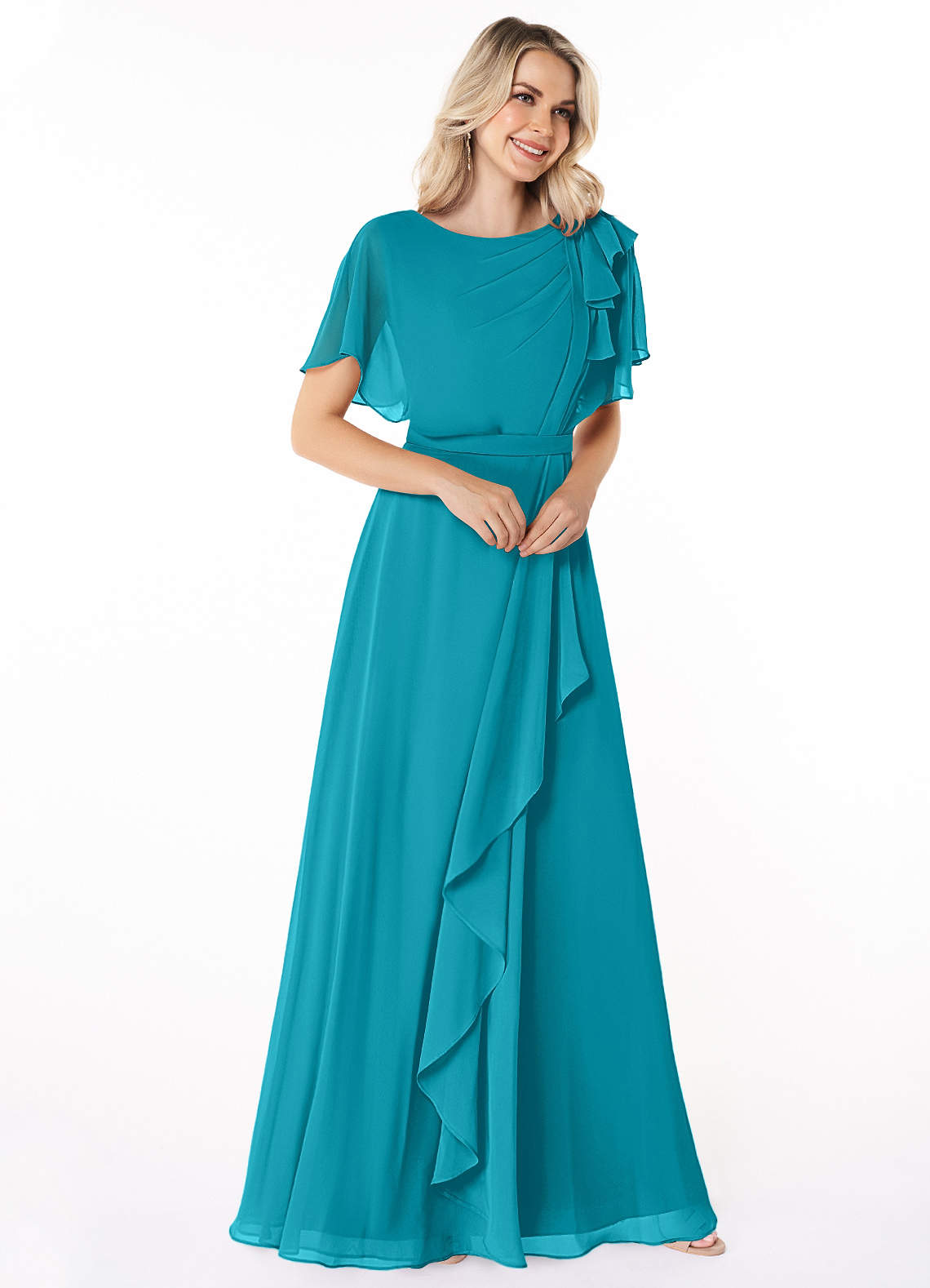 Azazie Aaliyah Modest Bridesmaid Dresses A-Line Scoop Pleated Chiffon Floor-Length Dress image2
