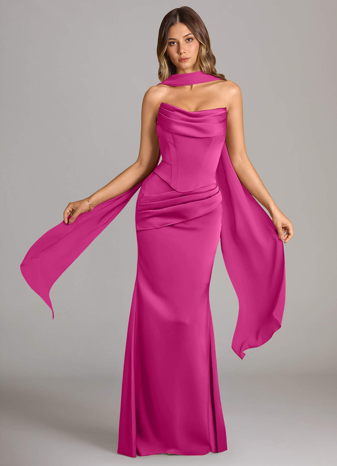 Azazie Sorrel Bridesmaid Dresses Fuchsia Mermaid Strapless Stretch Satin Convertible Dress image1