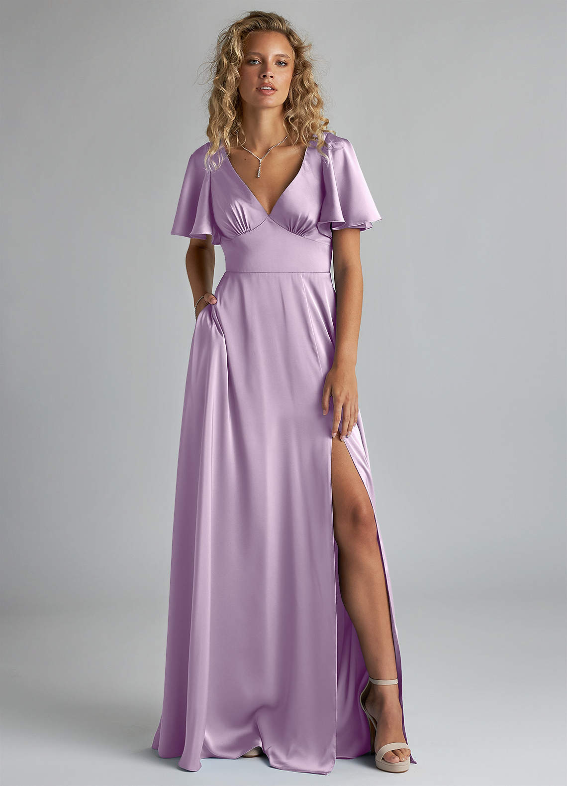 lilac satin wrap dress Lilac Silk Satin Maxi Dress, Flutter Sleeve Wrap Gown