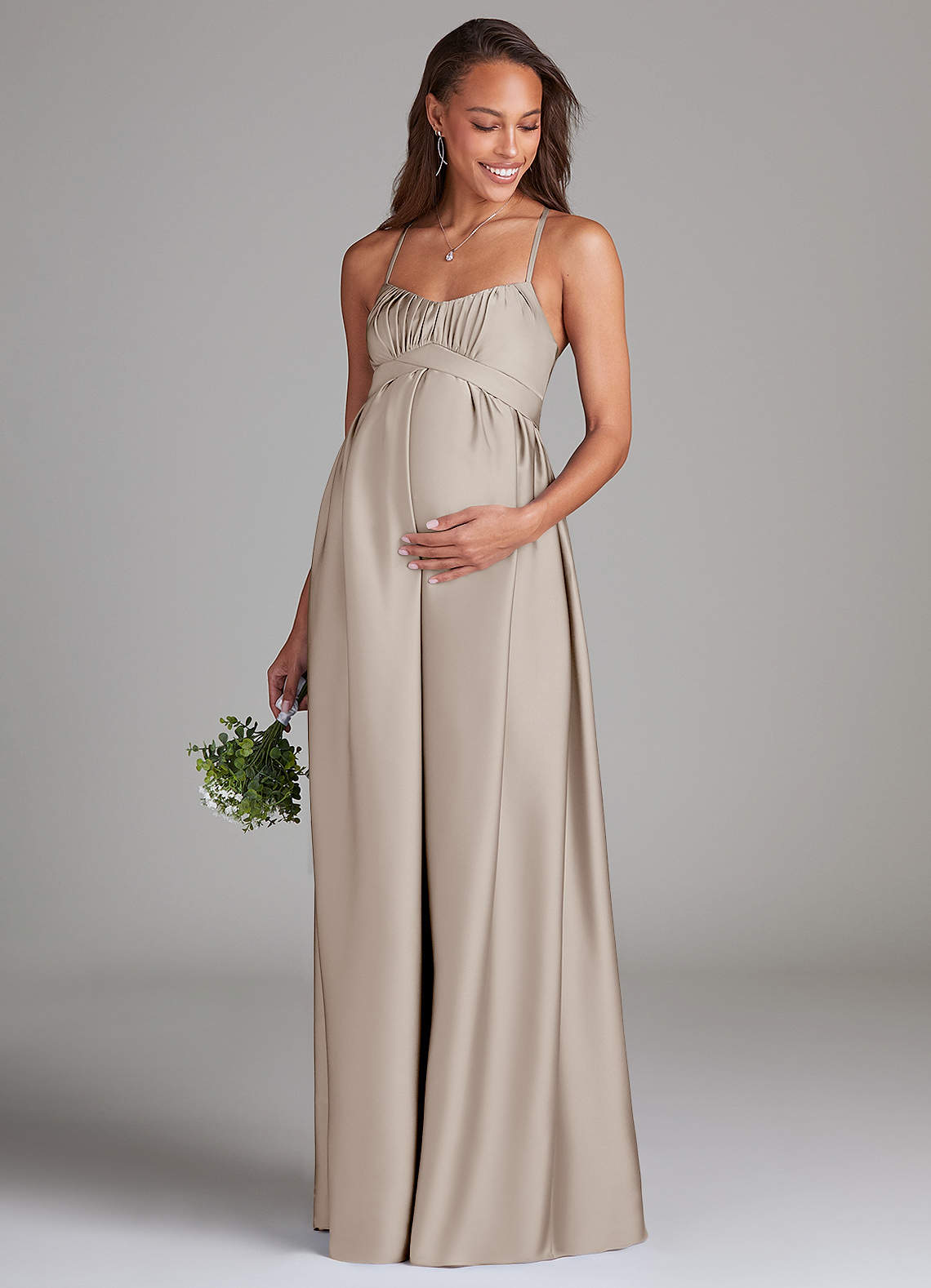 Azazie Llana Maternity Bridesmaid Dresses A-Line Stretch Satin Floor-Length Dress with Pockets image1