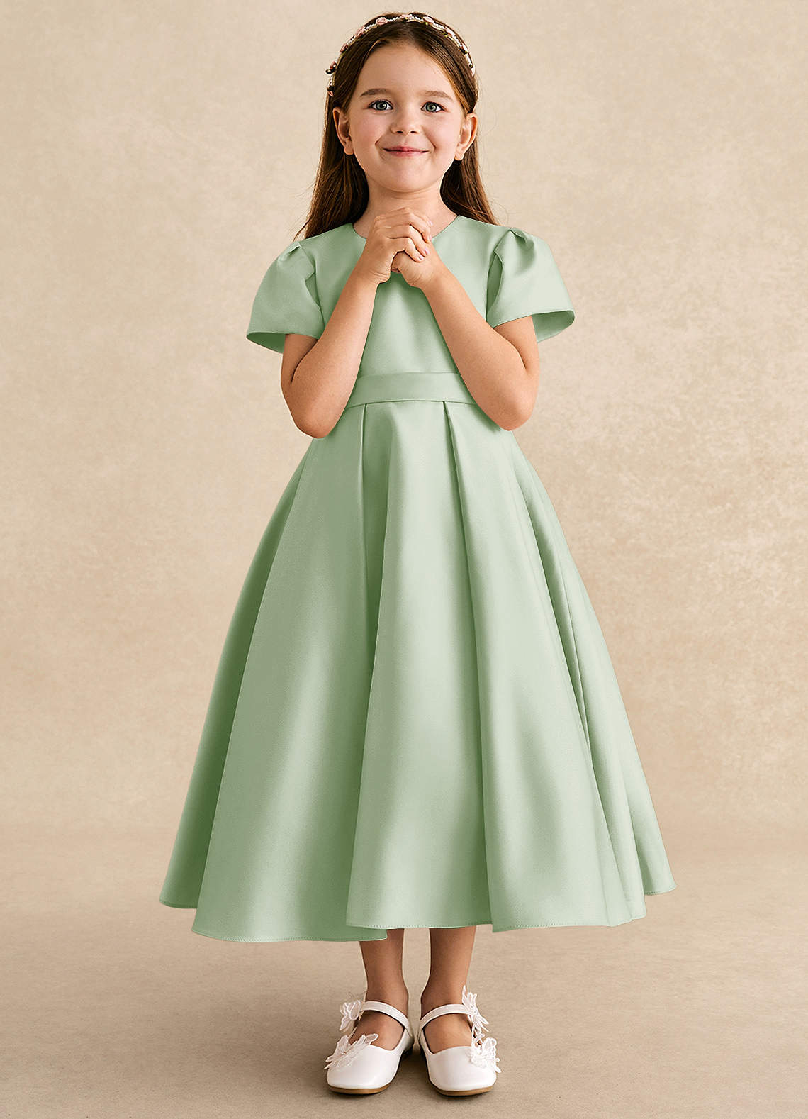 Azazie Princess Flower Girl Dresses Dusty Sage A-Line Pleated Matte Satin Dress image3
