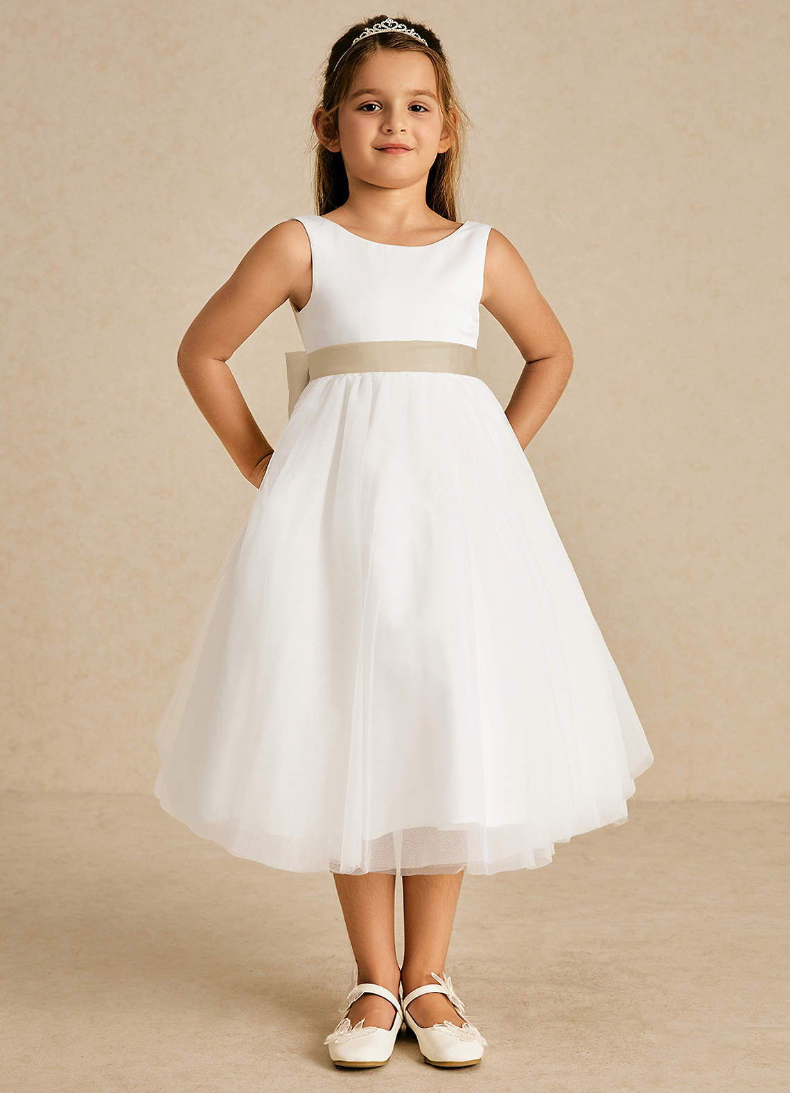 Azazie Kavi Flower Girl Dresses Ivory Champagne A-Line Bow Matte Satin Dress image1