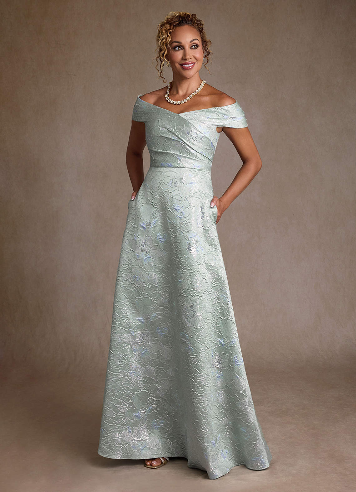 Azazie Lacey Mother of the Bride Dresses Agave Jacquard A-Line Off the Shoulder Floral Jacquard Dress image3