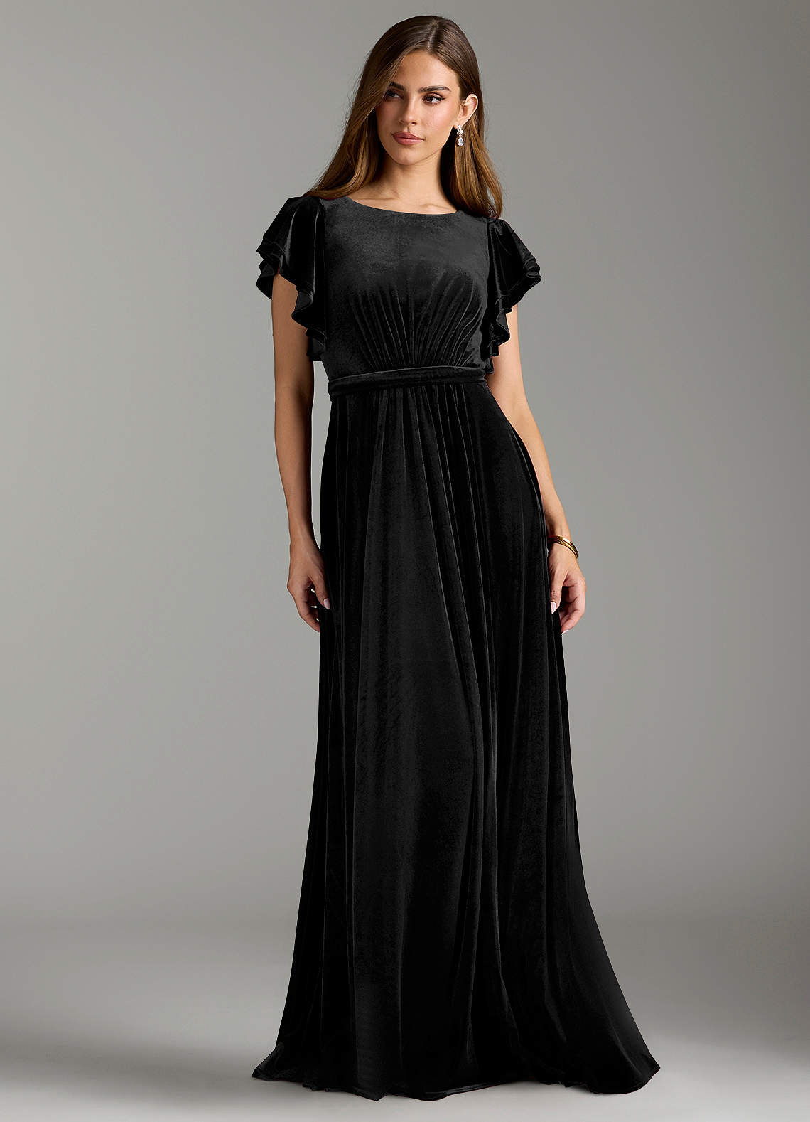Azazie Daphne Modest Bridesmaid Dresses A-Line Velvet Floor-Length Dress with Belt image2
