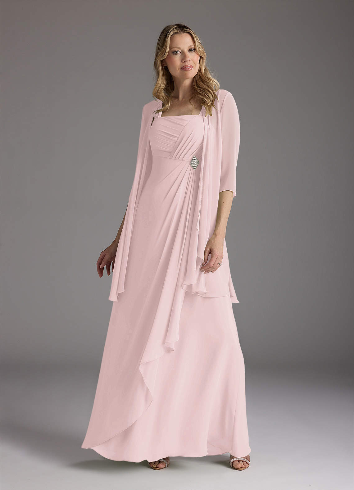 Azazie Weisz Mère de la mariée Robes Robe Trapèze en Mousseline de soie Encolure carrée plissée Rose Pâle image1