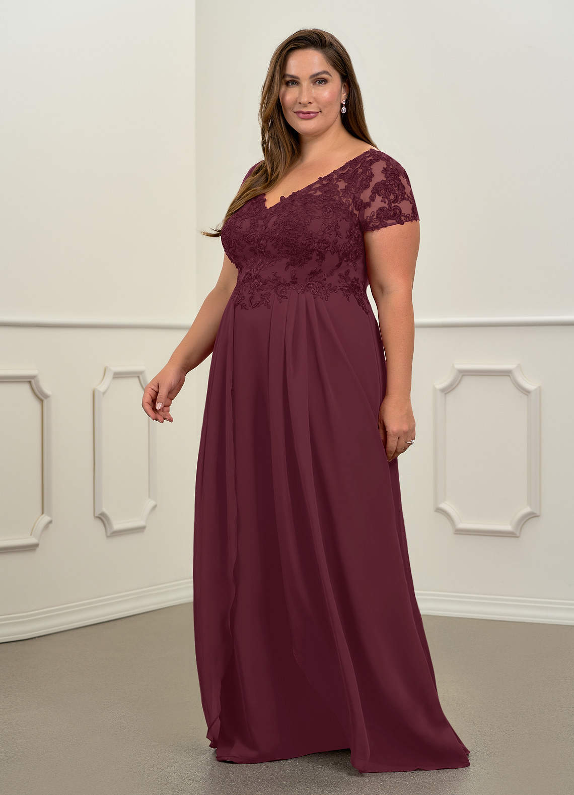 Cabernet Azazie Dunja A-Line V-Neck Lace Chiffon Floor-Length Dress ...