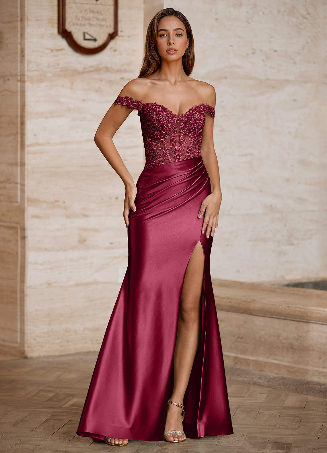 Wrentino Burgundy Embroidered Appliqué Satin Prom Dress