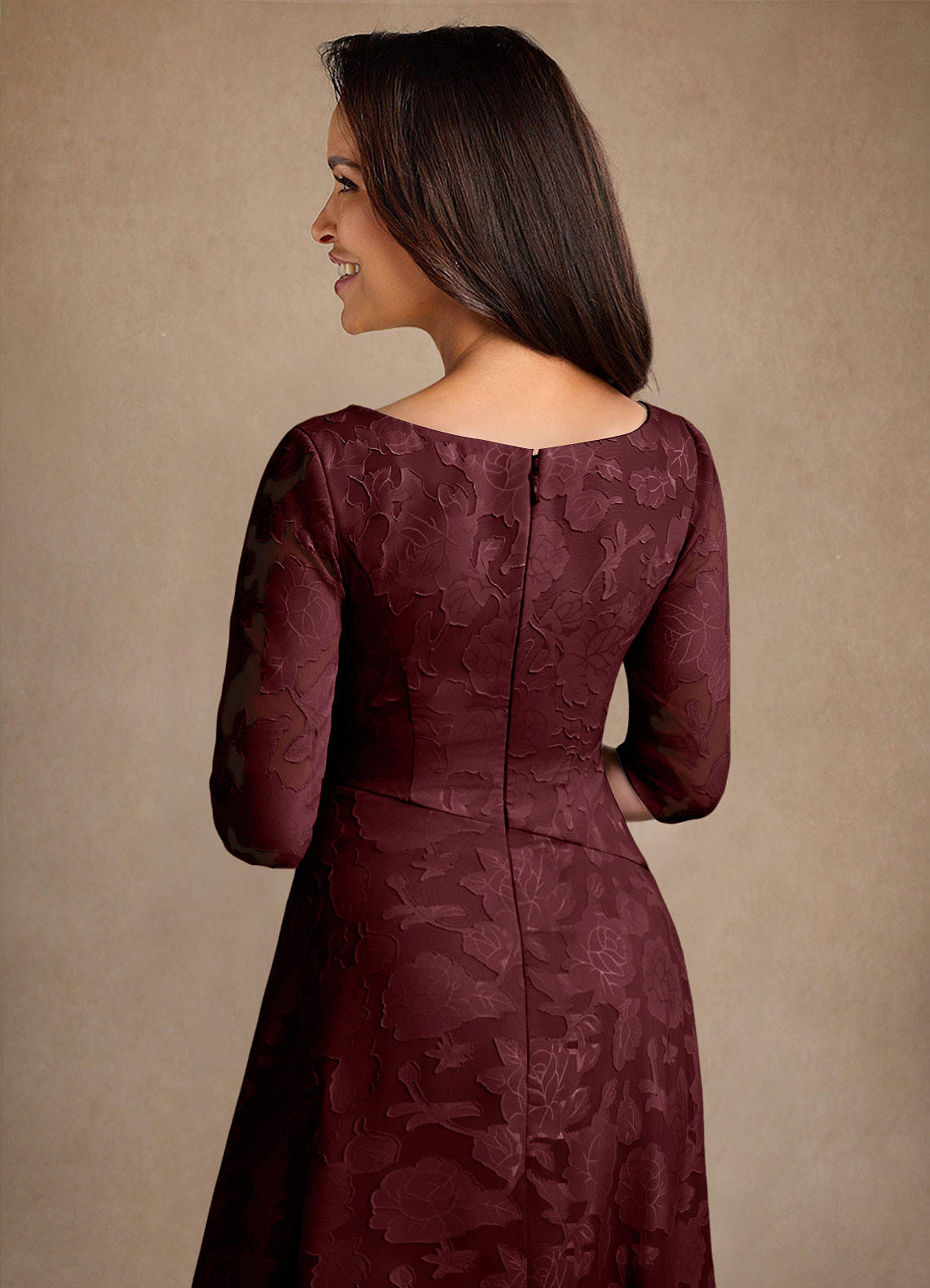 Azazie Durant Mother of the Bride Dresses Cabernet A-Line Pleated Floral Burnout Dress image4