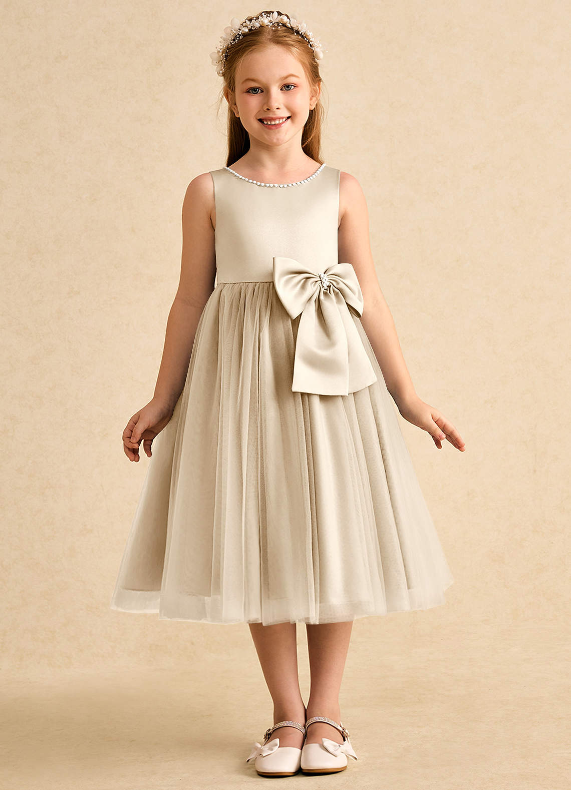 Azazie Twinsie Flower Girl Dresses Champagne A-Line Bow Tulle Dress image1