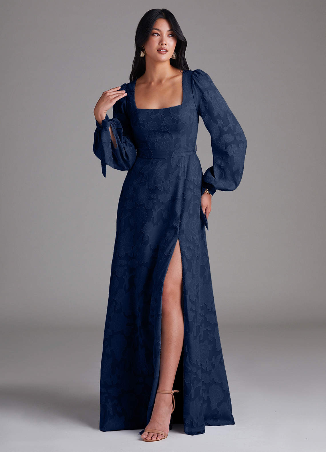 Azazie Leonia Bridesmaid Dresses Dark Navy A-Line Long Sleeve Floral Burnout Dress image3