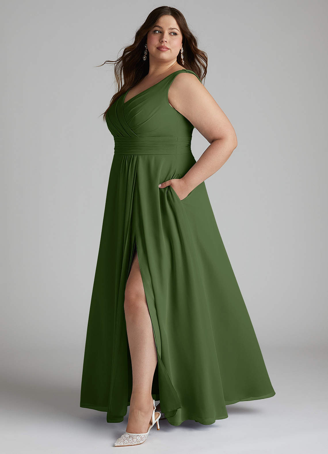Azazie Karina Bridesmaid Dresses Olive A-Line Pleated Chiffon Dress image6