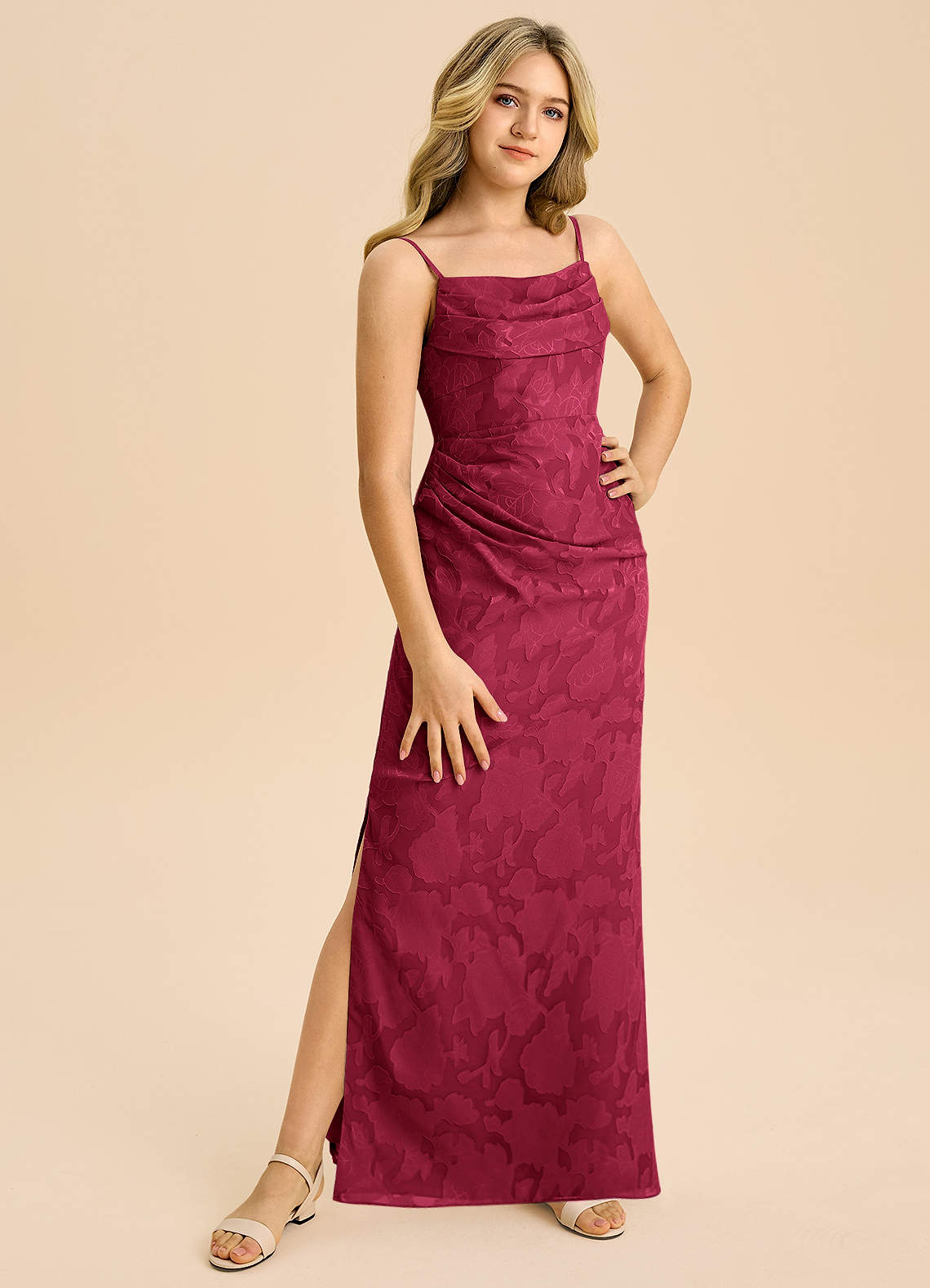 Azazie Mai Junior Osłona Pofałdowany Kwiatowe wypalenie Długość podłogi Młodsza druhna Sukienka image3