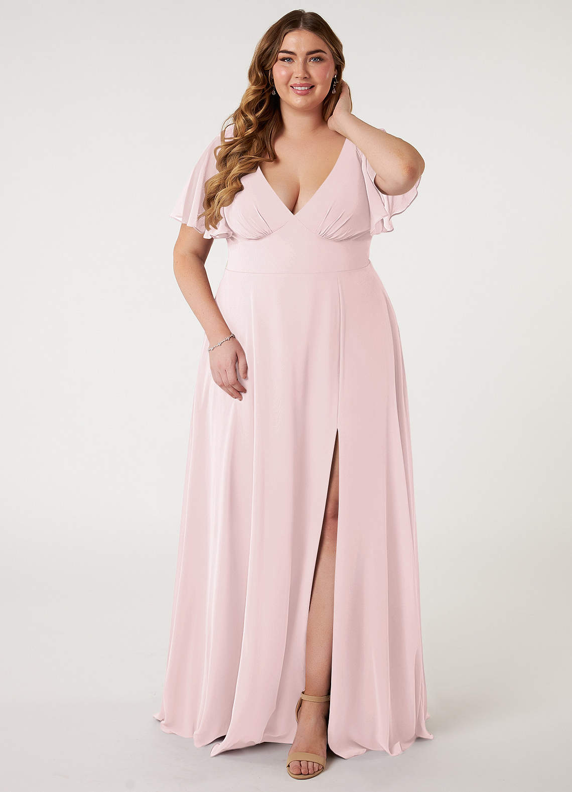 Azazie Kimber Bridesmaid Dresses Blushing Pink A-Line Flounce Sleeve Chiffon Dress image1