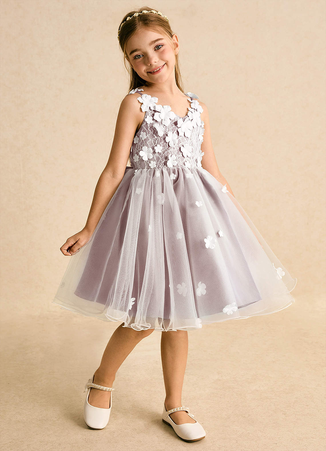 Azazie Junebug Flower Girl Dresses Ivory Dusty Rose Ball-Gown Lace Tulle Dress image1