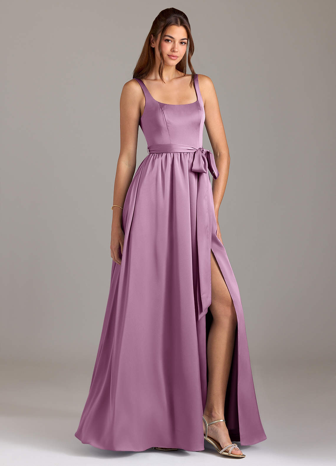Azazie Elliott Brautjungfernkleider A-Linie mit Taschen Stretch-Satin Kleid Blauregen image1