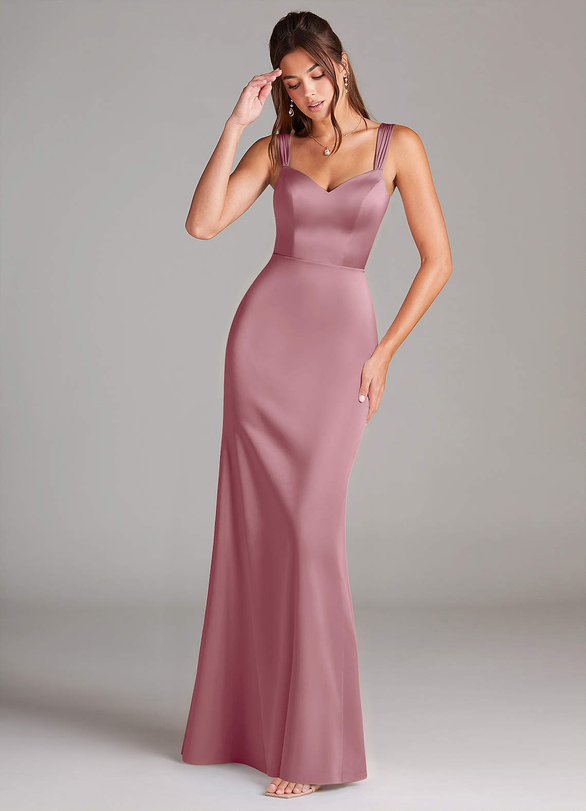 Azazie Denice Bridesmaid Dresses Vintage Mauve Sheath Pleated Stretch Satin Dress image1