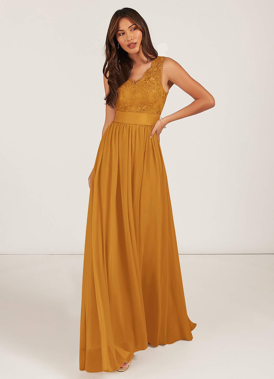 Azazie Gertrude Bridesmaid Dresses Butterscotch A-Line Lace Chiffon Dress image1