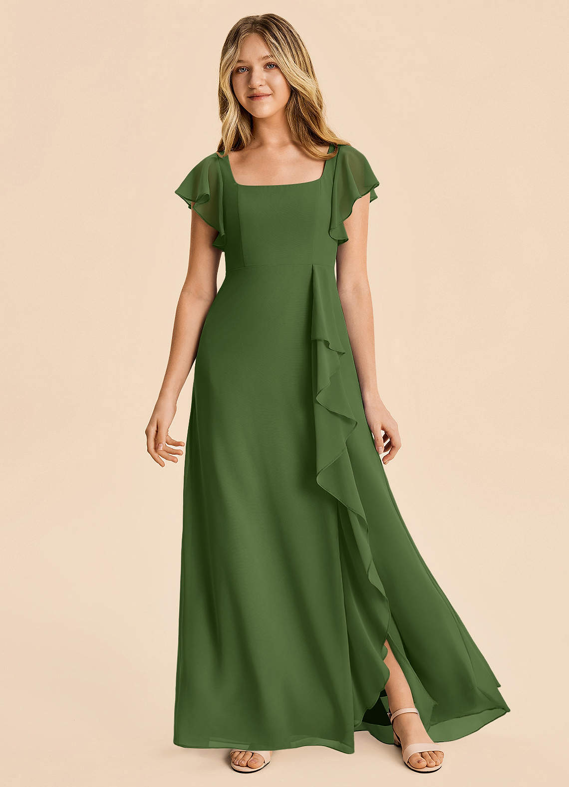 olive green junior bridesmaid dress Azazie A-Line/Princess Halter Neck Floor-Length Chiffon Junior Bridesmaid Dresses